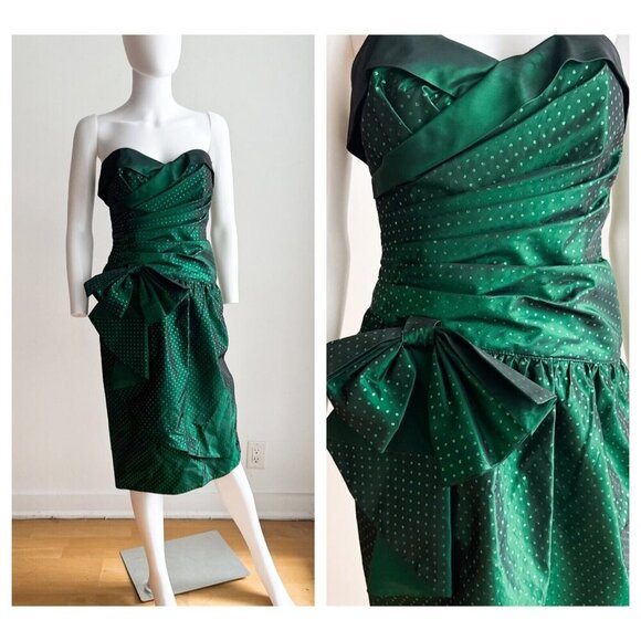 A.J Bari 80s Bow Detail Gathered Unique Green Cocktail Dress S